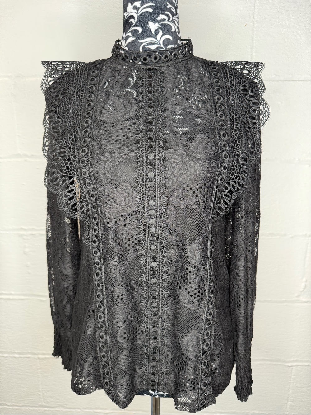 Cable & Gauge Victorian Goth Black Lace Mock Neck Ruffle Blouse with Cami - S